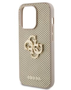 Чехол для iPhone 15 Pro из экокожи с перфорацией 4G Glitter metal logo золотистый Guess
