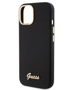 Чехол для iPhone 15 силиконовый Soft touch Gold metal logo черный Guess