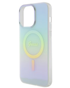 Чехол для iPhone 15 Pro Max с MagSafe Script printed logo радужный мятный Guess