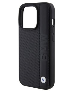 Чехол для iPhone 15 Pro Max из натуральной кожи с металлическим логотипом черный Bmw