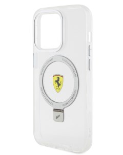 Чехол для iPhone 15 Pro с кольцом и функцией подставки прозрачный с серебристым Ferrari
