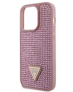 Чехол для iPhone 15 Pro со стразами Triangle metal logo розовый Guess