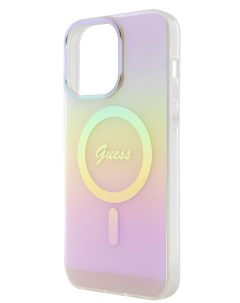 Чехол для iPhone 15 Pro с MagSafe Script printed logo радужный розовый Guess
