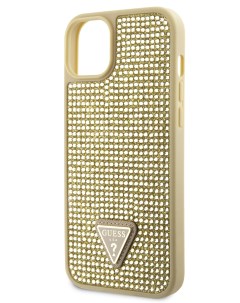 Чехол для iPhone 15 блестящий со стразами Triangle metal logo золотой Guess