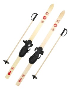Детский лыжный комплект с креплением с резиновой пяткой и палками Маяк 90 см дерево Лыжная фабрика маяк