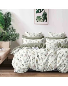 Комплект постельного белья сатин Цветочки с зеленым двуспальный Котбаюн
