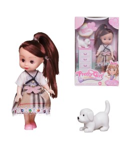 Игровой набор Junfa Кукла 15 см в платье с белым верхом и юбкой шотландкой с питомцем Junfa toys