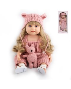 Кукла Junfa в розовом вязанном комбинезоне и шляпке с плюшевым мишкой 55 см WJ 35888 Junfa toys