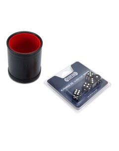Набор Шейкер для кубиков кожаный с крышкой красный и кубики D6 16 мм чёрные Stuff-pro