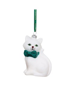 Игрушка елочная 9 см стекло полиэстер белая Кошка с зеленым бантом Figure christmas Kuchenland