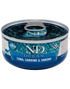 Консервы для кошек N D Ocean тунец с кальмаром и креветками 24шт по 70г Farmina