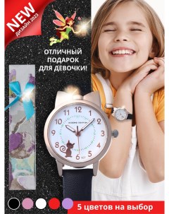 Детские наручные часы для девочки экокожа кошка бант черный World of accessories