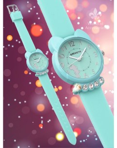 Детские наручные часы 6КК с камнями для девочки бирюзовые World of accessories