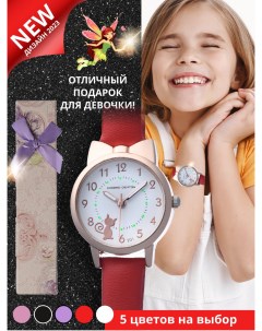 Детские наручные часы для девочки экокожа кошка бант красный World of accessories