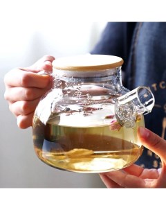 Чайник заварочный стеклянный с бамбуковой крышкой 1 литр Basic_shop