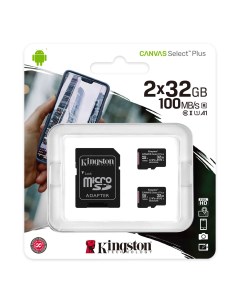Карта памяти 32Gb microSDHC Canvas Select Plus Class 10 UHS I U1 V10 A1 адаптер SDCS2 32GB 2P1A Kingston