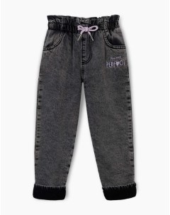 Серые утеплённые джинсы Paperbag с вышивкой для девочки Gloria jeans