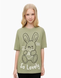 Оливковая футболка oversize с принтом кроликом для девочки Gloria jeans