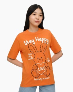 Оранжевая футболка oversize с кроликом для девочки Gloria jeans