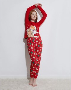 Красная пижама с принтом в рождественской тематике для девочки Gloria jeans
