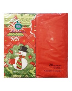 Салфетки бумажные со снеговиком и однотонные красные 3 слоя 33 х 33 см 10 10 шт Vitto