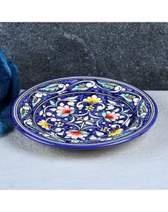 Тарелка Риштанская Керамика Цветы синяя плоская 17 см Nobrand