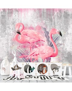 Фотообои с птицами Пара розовых фламинго на сером фоне 300х270 см Dekor vinil