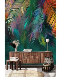 Фотообои Цветные пальмовые листья на изумрудном фоне 200х270 см Dekor vinil