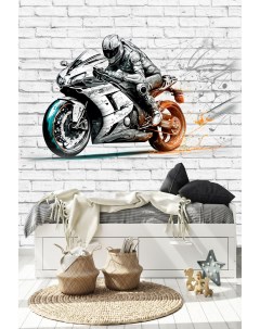 Фотообои Мотоциклист на фоне кирпичной стены акварель 200х270 см Dekor vinil