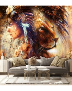 Фотообои Девушка и лев в гостиную спальню кухню 300х270 см Dekor vinil