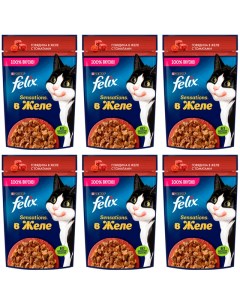 Влажный корм для кошек Sensations с говядиной и томатами в желе 6 шт по 75 г Felix