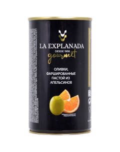 Из Испании Оливки Gourmet зелёные фаршированные пастой из апельсинов 280 г La explanada