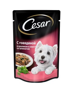 Влажный корм для собак с говядиной и кроликом в соусе под шпинатом 100г Cesar