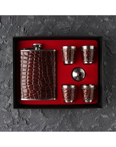 Подарочный набор 6 в 1, 22×17 см, фляжка с темной кожей 240 мл, 4 рюмки, металл, коричневый, экокожа Nobrand