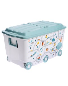 Ящик для игрушек на колесах с декором Путешествие 685х395х385мм Светло голубой Пластишка