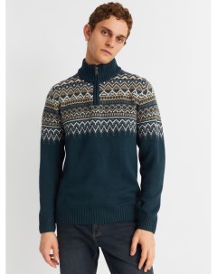 Вязаный шерстяной свитер с воротником на молнии и скандинавским узором Zolla