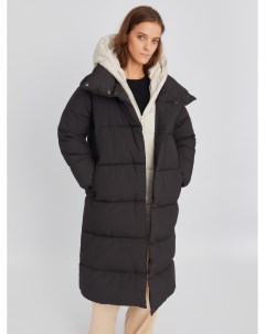 Тёплая длинная куртка пальто с акцентным капюшоном и высоким воротником Zolla