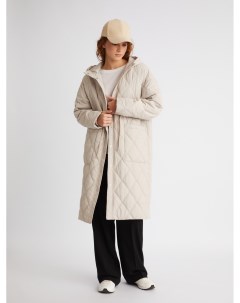 Длинная утеплённая стёганая куртка пальто на синтепоне с капюшоном и кулиской Zolla
