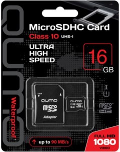 Карта памяти MicroSDHC 16GB QM16GMICSDHC10U1 Class 10 UHS I SD адаптер Qumo
