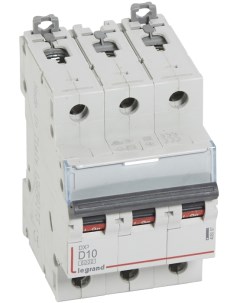 Автоматический выключатель 408087 DX 6000 10 кА тип характеристики D 3П 400 В 10 А 3 модуля Legrand
