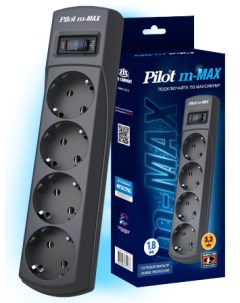 Сетевой фильтр Pilot m Max 1 8м 4 розетки евро с заземлением 15А 3 3кВа автомат черный 1151232 Zis