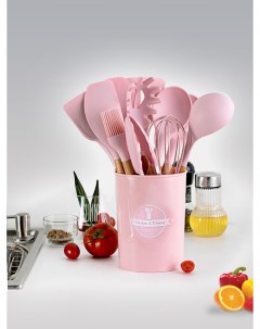 Набор кухонных принадлежностей для готовки на кухне из силикона и бамбука розовый Nobrand