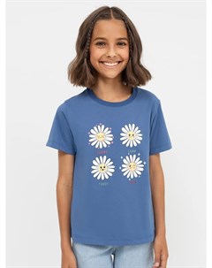 Прямая хлопковая футболка синего цвета с ромашками для девочек Mark formelle
