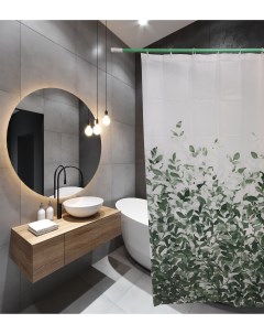 Штора для ванной комнаты 180х180 PEVA 60619 с кольцами Зеленые листья Стк