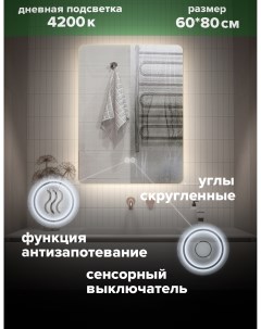 Зеркало для ванной с дневной подсветкой 4200К прямоугольное 60 80 см MOl 68Ad Alfa mirrors