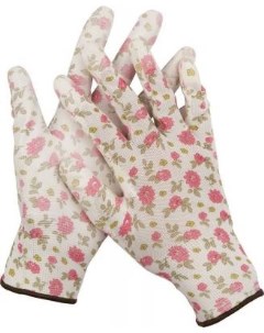 Перчатки садовые прозрачное PU покрытие 13 класс вязки бело розовые размер L Grinda