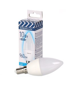 Лампа светодиодная E14 10 Вт 80 Вт свеча 4500 К свет холодный белый Ergolux