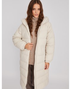 Тёплая длинная куртка пальто из экокожи с капюшоном и кулиской на талии Zolla