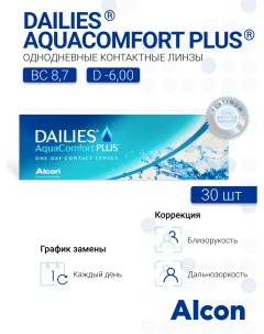 Контактные линзы Aqua Comfort Plus 30 линз R 8 7 SPH 6 00 Dailies