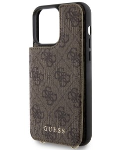 Чехол для iPhone 15 Pro Max из экокожи с карманом для карт и ремешком коричневый Guess